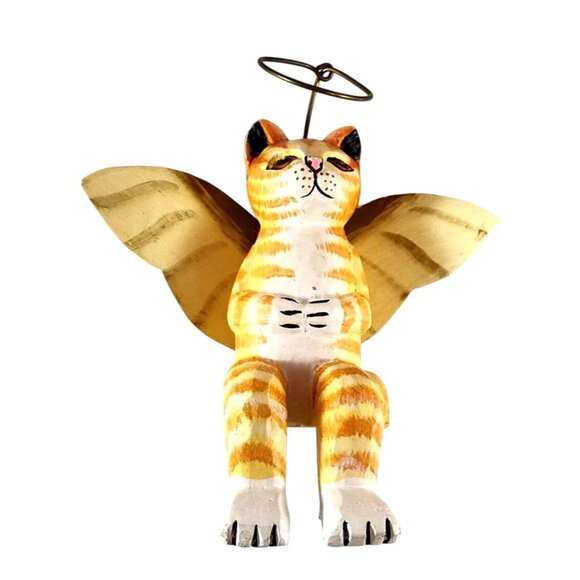 Folk Art Handcrafted Angel Cat Shelf Sitter Yellow & White With Wings 6x5.5" - Picture 8 of 13